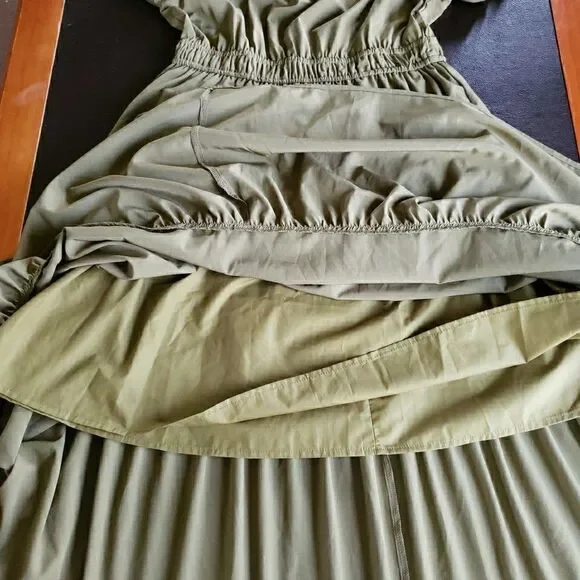 NWT Entro Olive Green Tiered Maxi Dress Sz L Puff Sleeve V-Neck Boho Cottagecore - Picture 14 of 14